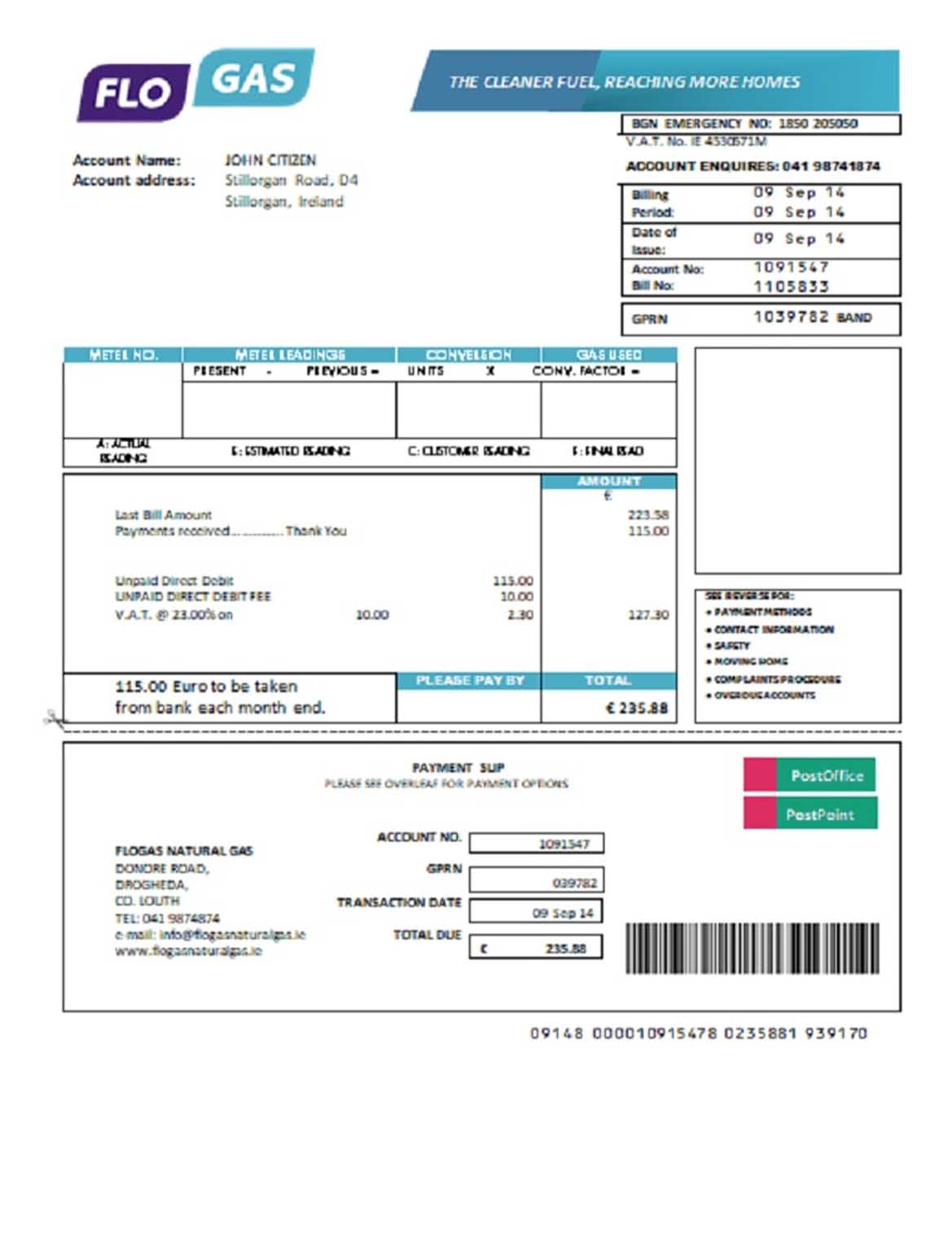 Ireland Flogas Natural Gas utility bill, PDF and Word download template